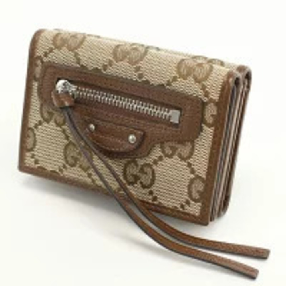 Gucci GG Compact Leather Beige Tri Cream Canvas Wallet fold Tan Cream